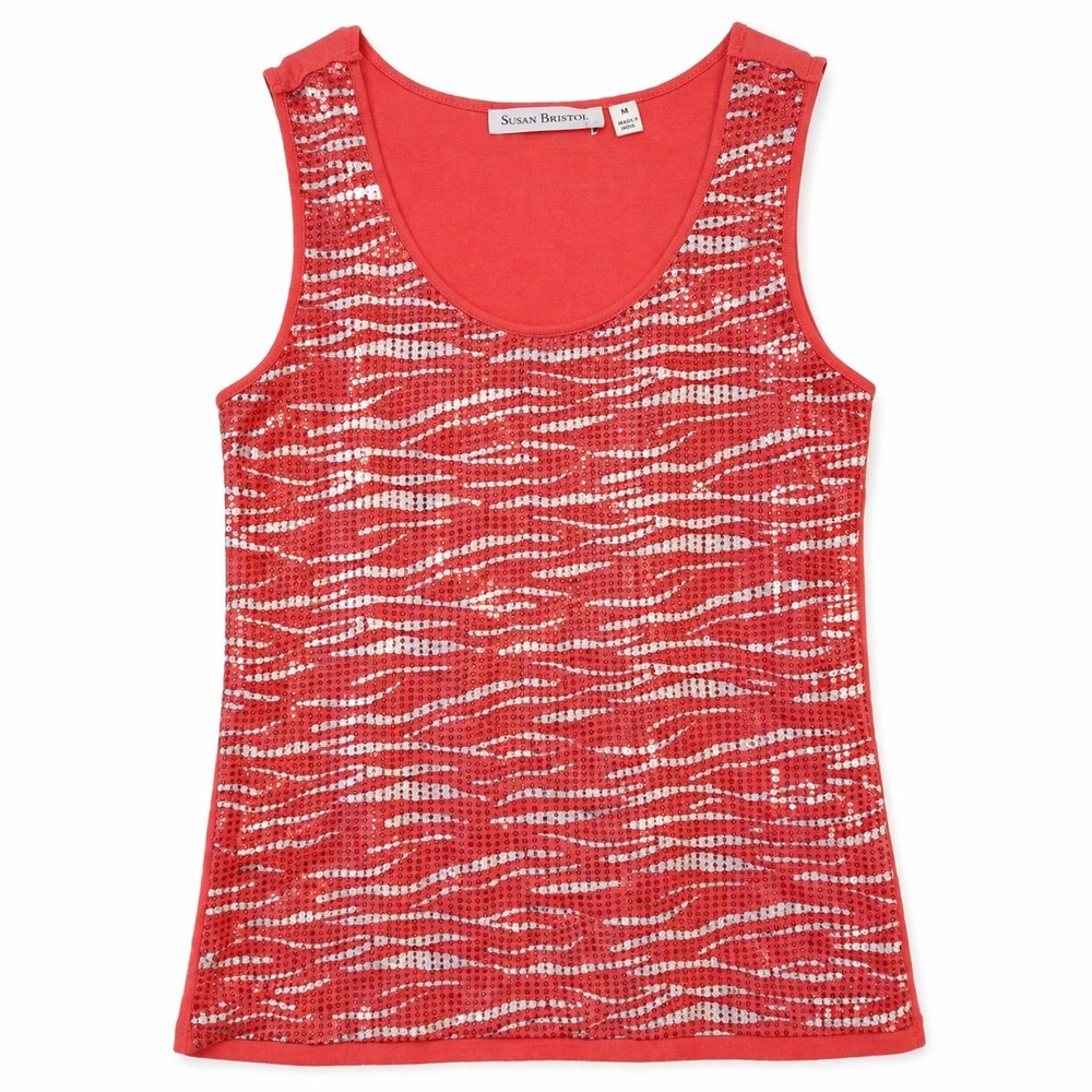 vtg Y2k Tank Top Susan Bristol Coral Pink Sequin Zebra Scoop Neck M Maximalist